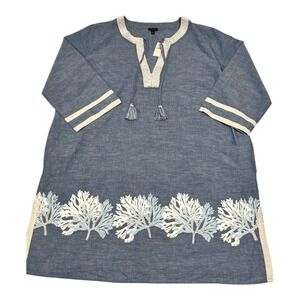 Talbots Women's Blue Chambray Linen Blend Coral Swim Cover-Up Dress Sz Large NWT